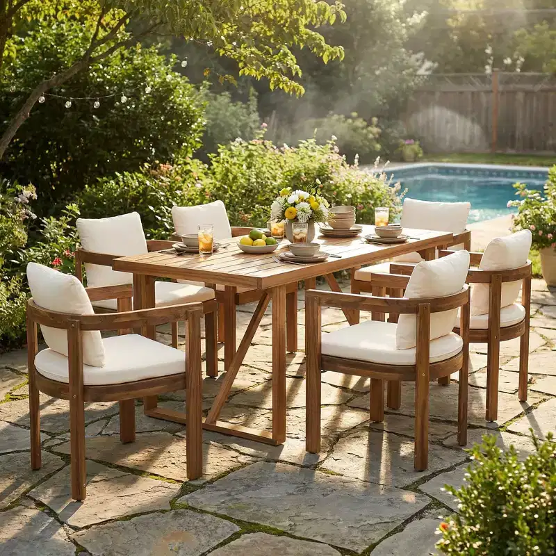 Christopher Knight Home Gruneo Modern 7 Piece Patio Acacia Dining Set with Cushion and Slatted Design