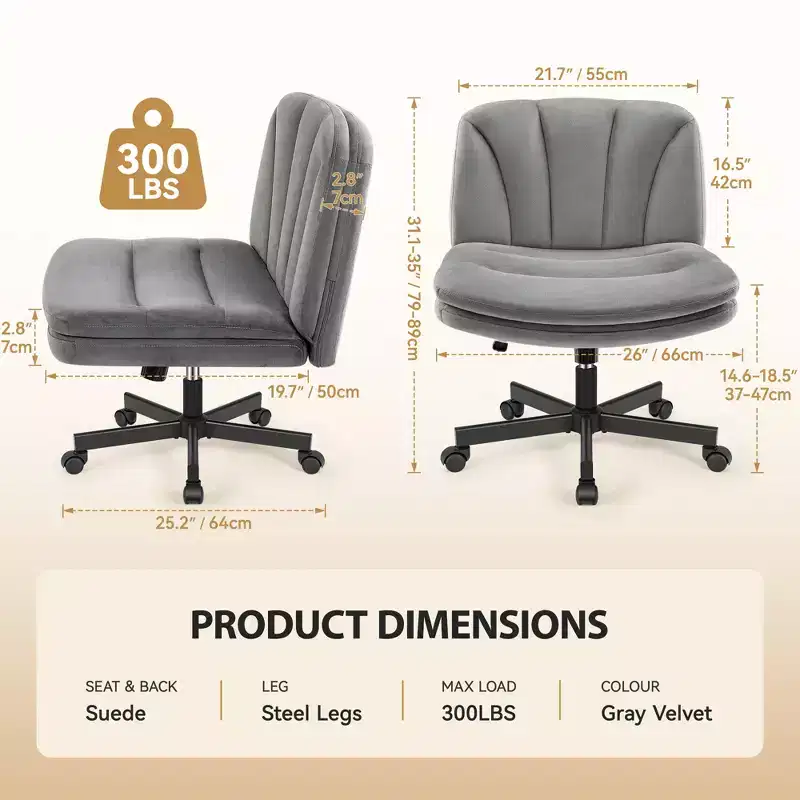 Cross Legged Office Chair, Armless Adjustable Vanity Desk Chair With Wide Seat, Velvet Fabric, Gray