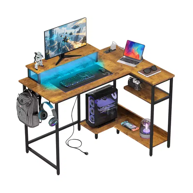 GALAXHERO 43-Inch Small L-Shaped Gaming Desk, Corner Computer Desk with Power Outlets, LED Lights & Monitor Stand, Office Desk for Bedroom