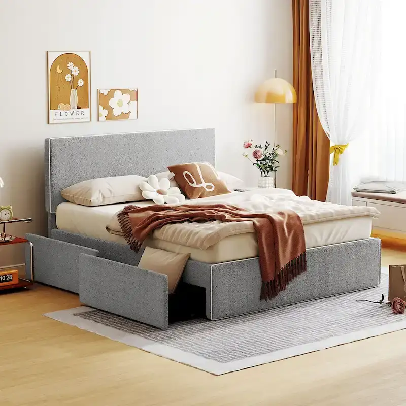 Full Size Upholstered Platform Bed with 4 Storage Drawers | Modern Bedroom