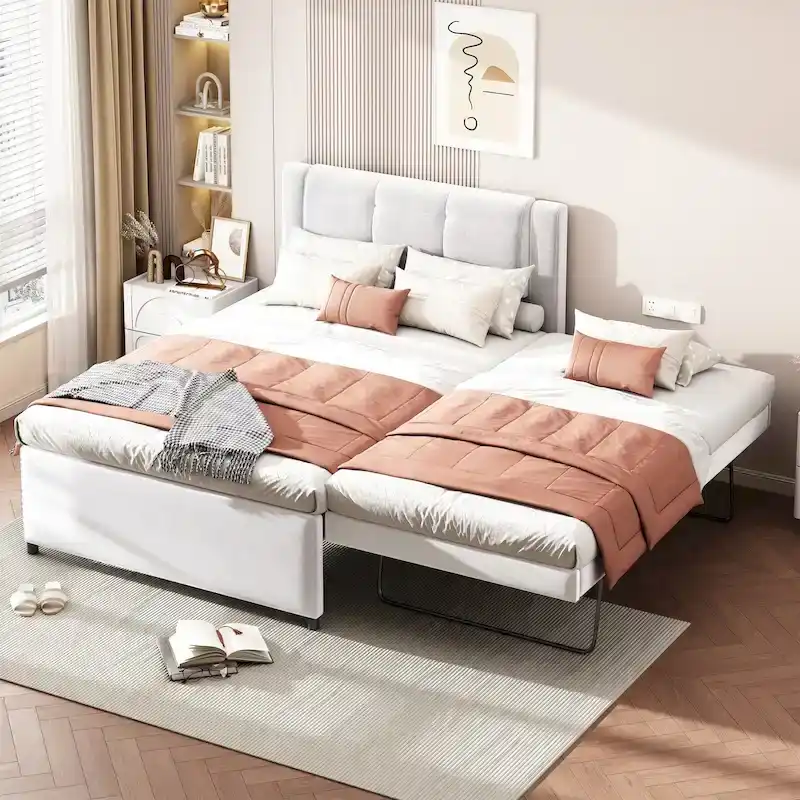 Full Size Upholstered Platform Bed with Trundle, Beige & Grey Fabric