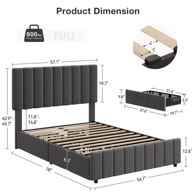 Garvee King/Queen/Full Upholstered Bed Frame with 4 Storage Drawers, Adjustable Headboard & Wood Slats, No Box Spring Needed, Black/Grey/White