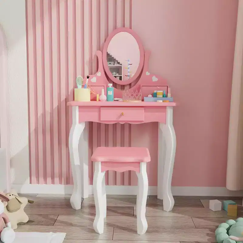 JOYMOR Kids Vanity Set with 360 Mirror, 2-in-1 Princess Makeup Table & Stool with Drawers for Girls (Pink)