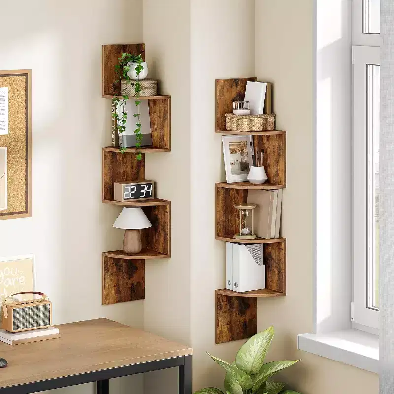 ACOINEL Set of 2 Floating Corner Shelves Wall Mounted, 4-Tier Rustic Brown Corner Bookshelves for Living Room Bedroom