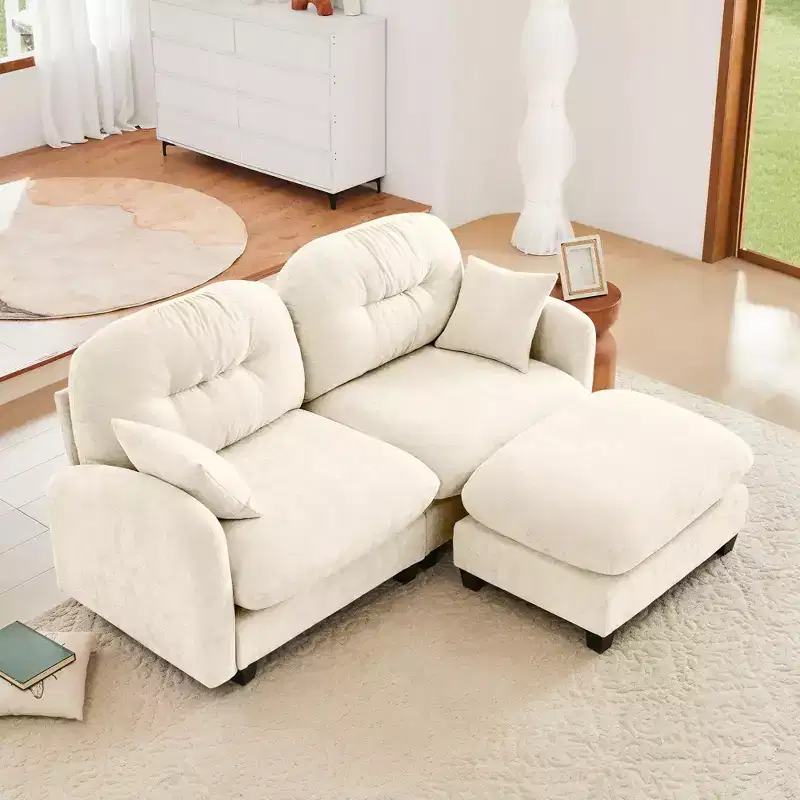 74 Beige Cloud Sectional L-Shaped Couch With Ottoman Soft Chenille Fabric High-Density Foam for Living Rooms