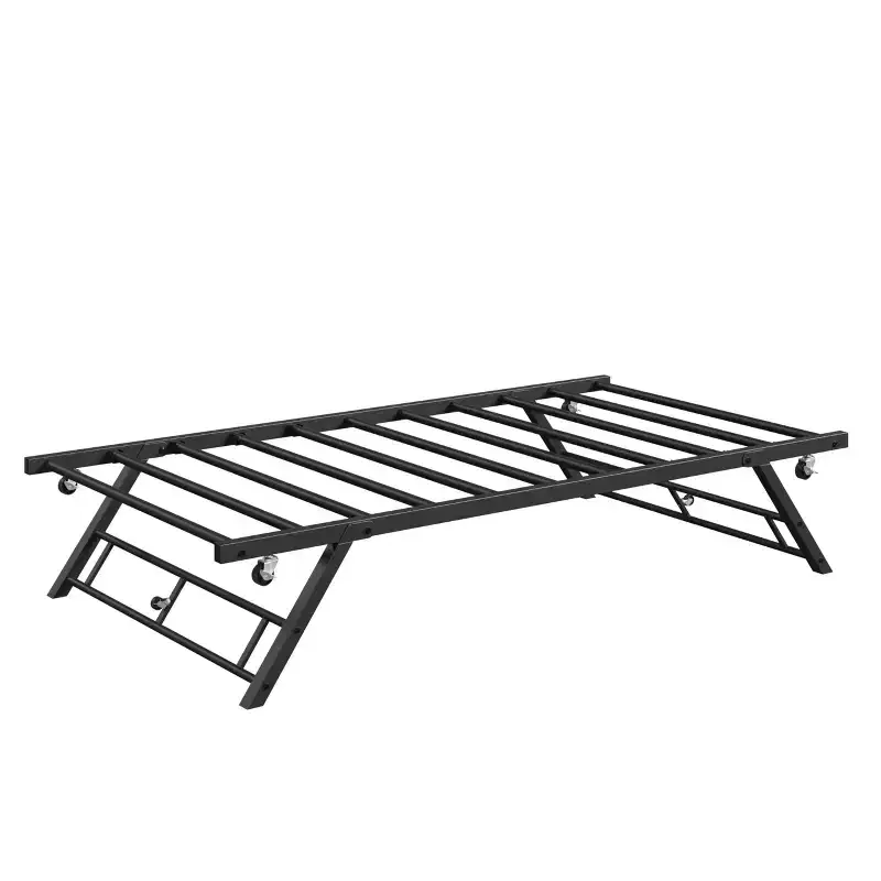 Twin Trundle Bed Frame - Pop Up Metal Platform with Lockable Casters, Foldable Design for Guest Rooms & Sleepovers