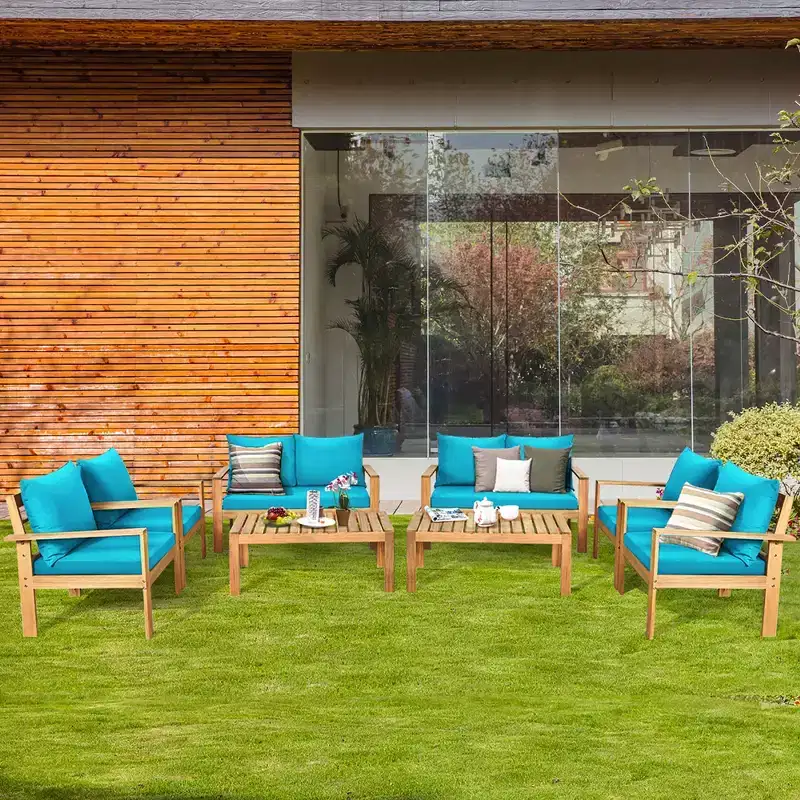 Costway 8PCS Patio Furniture Set Acacia Wood Thick Cushion Loveseat Sofa Off White\Turquoise\Grey