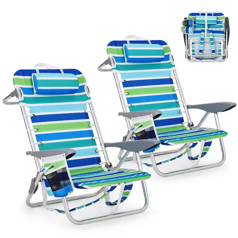 Beach Chair, Lightweight Folding Chair w/5 Reclining Positions (Lay Flat), 300LBS Capacity Includes Cup Holder, Phone Pocket & Tower Bar for Adults