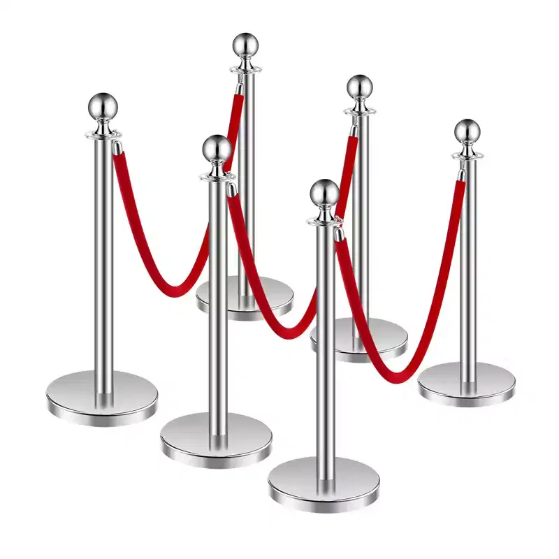 Stanchions and Velvet Ropes 6Pcs, Hollow Base with Stainless Steel Post, 3 Red Velvet Ropes and Posts, Crowd Control Barriers, Silver