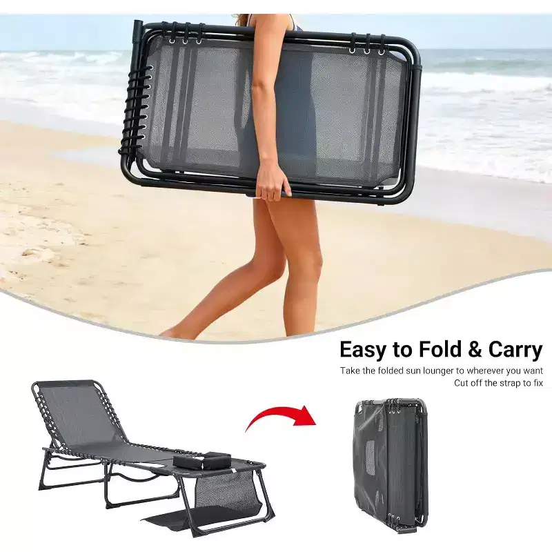 MooxvMoo 2PCS Tanning Chair with Face Hole, Folding Beach Chaise Lounge Chair with Carrying Handle, Side Pocket, 5-Position Adjustable, Black