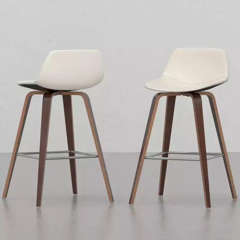 Set of 2 Bentwood Counter Stools with Curved Wood Frame & Faux Leather Seat