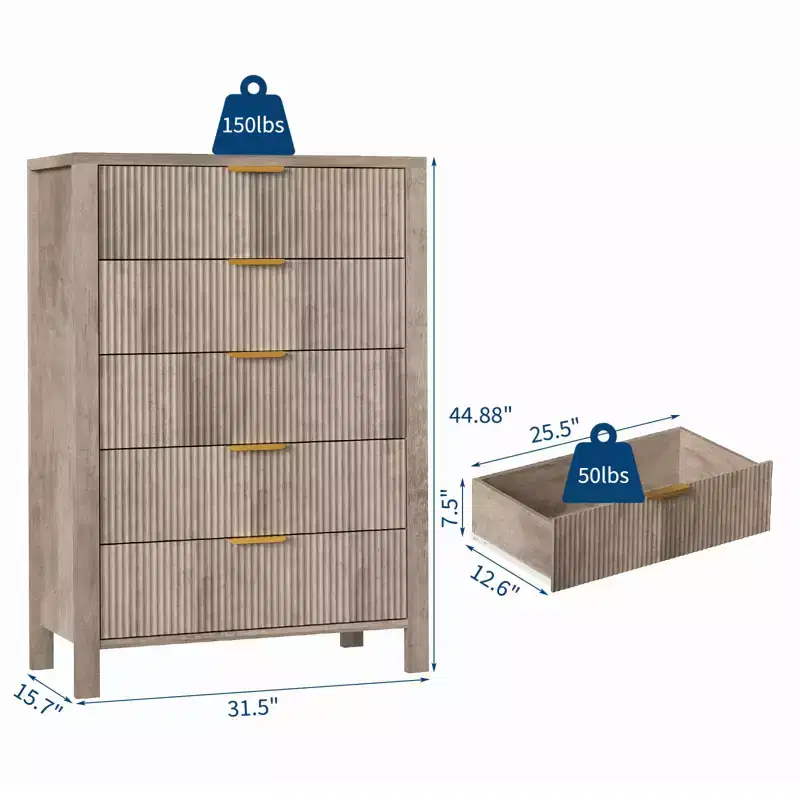 5-Drawer Dresser for Bedroom, 45 Tall Narrow Modern Chest of Drawers, Wooden Storage Cabinet or Nightstand for Small Spaces