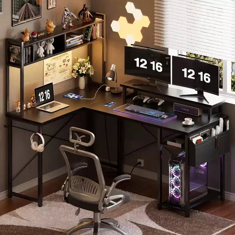 Besiost L Desk Computer Table with Reversible Hutch and Charging Station