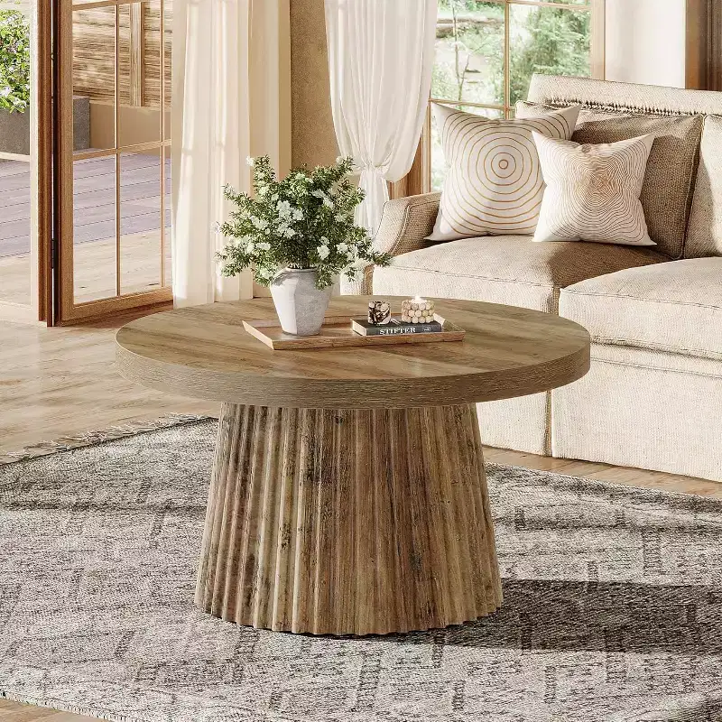 31.5 Small Round Coffee Tables with Fluted Drum Base, Farmhouse Accent Center Table for Living Room, Apartment, Small Space