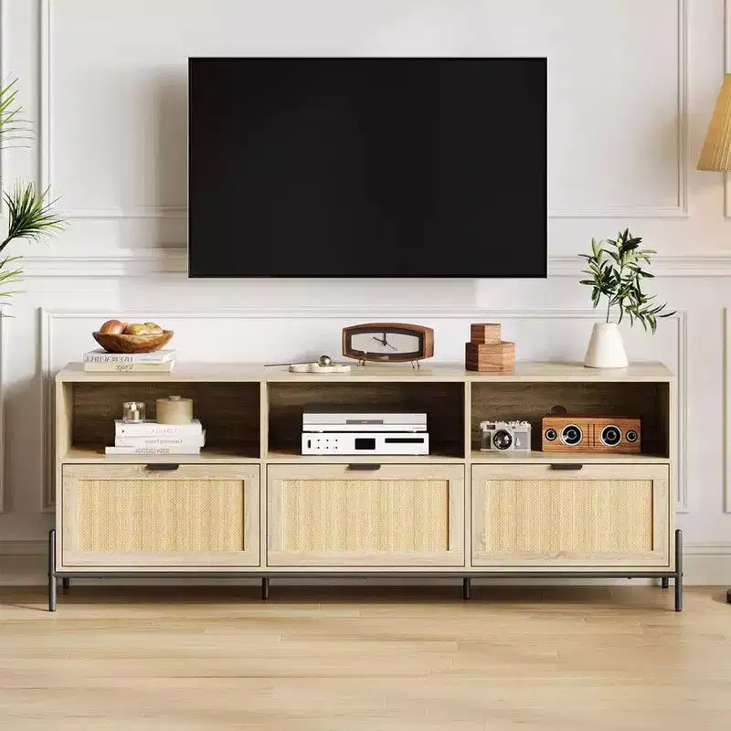 Rattan TV Stand for TVs up to 75'', Entainment Center with Open Shelf & 3 Drawers, Mid Century Modern Entertainment Center