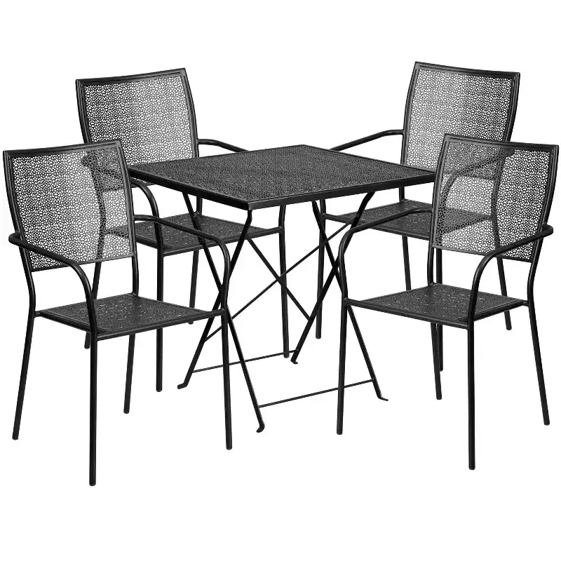 Emma and Oliver Commercial 28 Square Metal Folding Patio Table Set w/ 4 Square Back Chairs