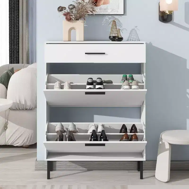 TUYOHW Shoe Cabinet with 2 Flip Drawers, Freestanding Entryway Storage Organizer with Metal Legs & Top Drawer,White