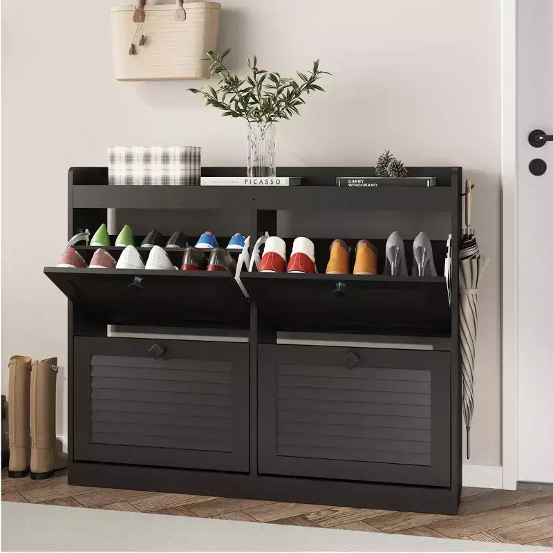 Large Shoe Storage Cabinet with 4 Flip Drawers, Hooks and Top Shelf - Hidden Shoe Organizer for Foyer, Hallway, Living Room