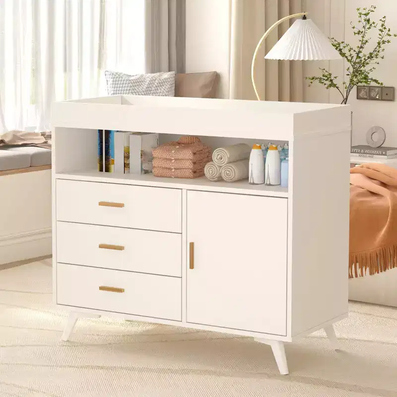 GustoWave Wooden Nursery Dresser with Changing Table, 3 Drawers & Shelves, Baby Diaper Changing Station & Storage Organizer