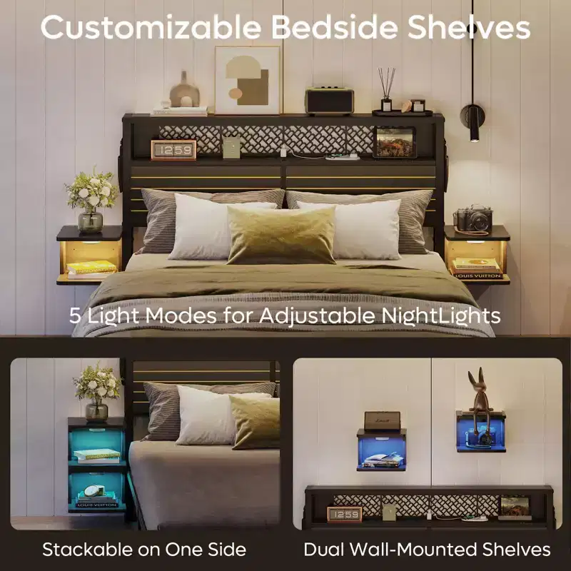 Metal Platform Bed Frame with Storage Headboard, Power Outlet, LED Lights & Beside Shelves
