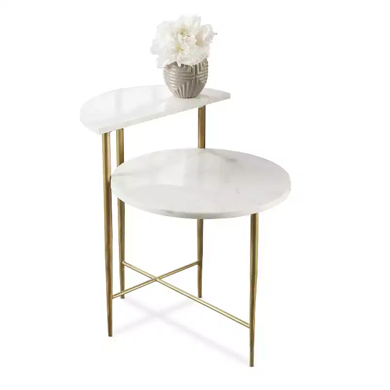 Patna Marble Top Accent Table White/Brass: Brass-Finish Iron Base, Half-Moon Shelf