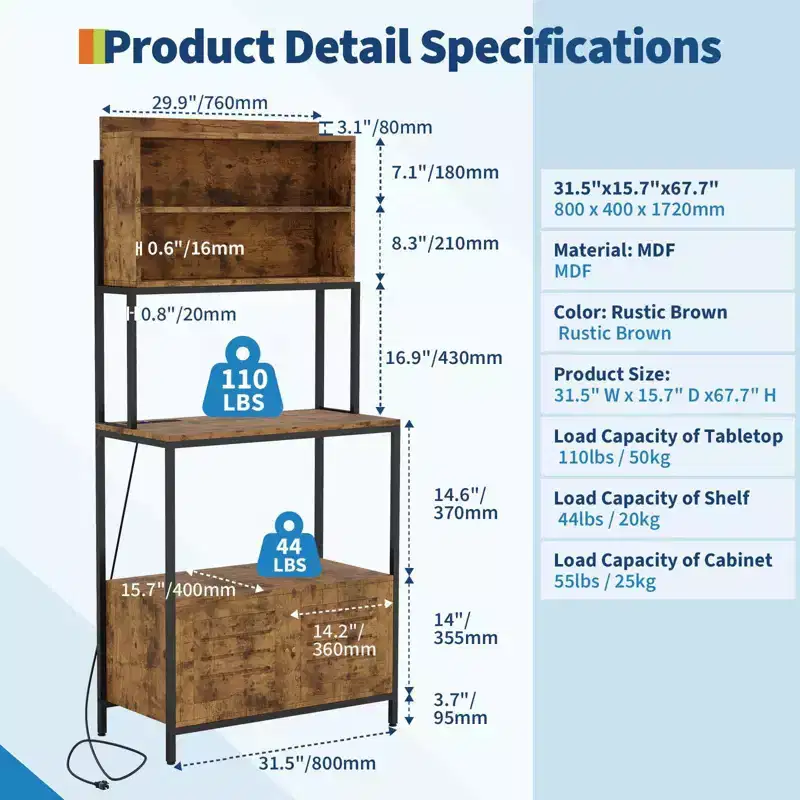 67.7 Rustic Brown 5-Tier Bakers Rack with Power Outlet C Industrial Microwave Stand & Kitchen Storage Cabinet for Pots/Pans/Spices