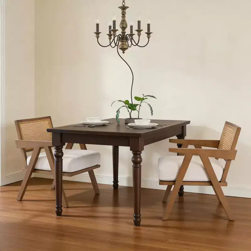 Wood Farmhouse Accent Chair with Arm, Rattan Backrest & Linen Cushion for Living Room, Bedroom