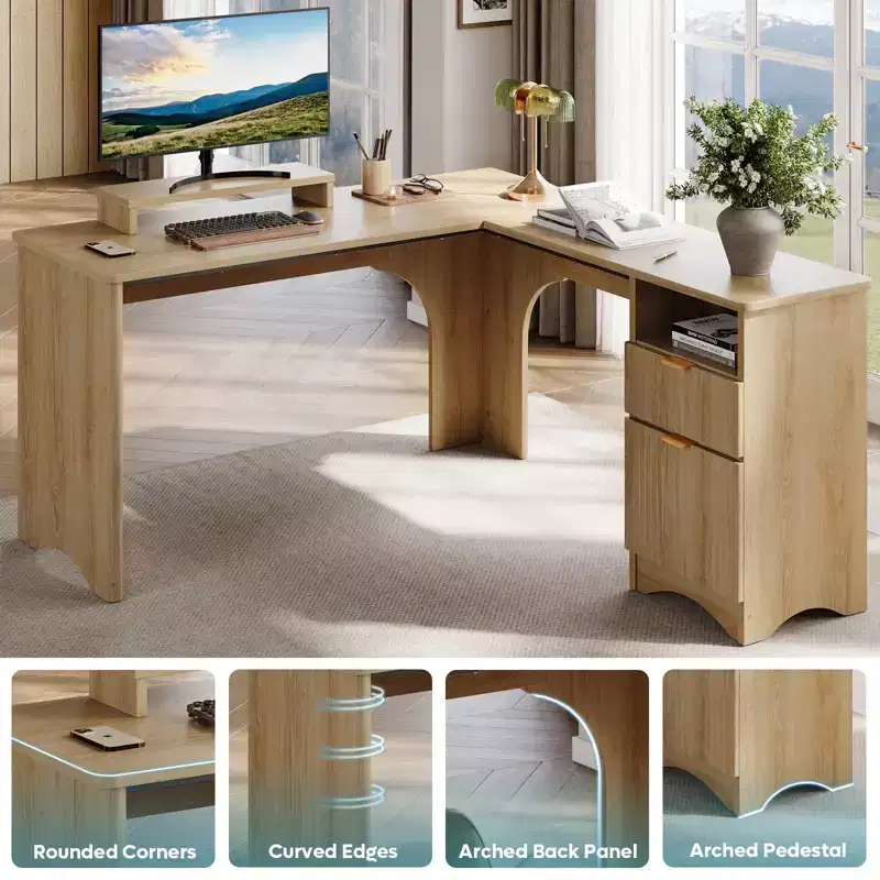 Bestier 55inch L Shaped Desk with Drawers, Office Computer Desk with Round Corners, Monitor Stand & Fluted Panels, White & Walnut