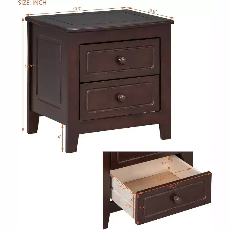 Mid Century Nightstand with 2 Storage Drawers, Walnut Finish Bedside End Table for Bedroom, Living Room, Office