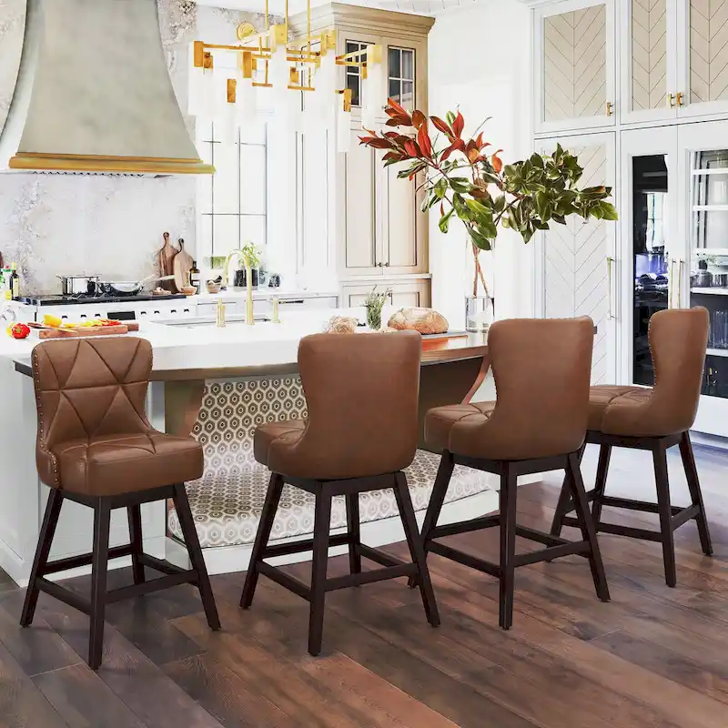 LUE BONA 26 in. Mid-Century Modern Wood Frame Swivel Bar Stools with Faux Leather and Linen Upholstered SeatSet of 4