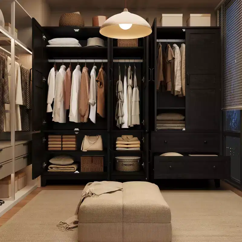 Armoire Wardrobe Closet with 4 Doors,72 Wooden Wardrobe Cabinet with Hanging Rod, Tall Armoire with 18 Adjustable Shelves for Bedroom, Clothes