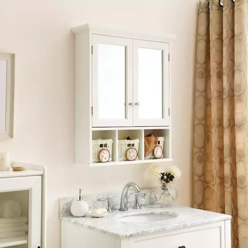 Modern Wooden Bathroom Storage Cabinet with Mirror, 2 Doors and 3 Plastic Baskets