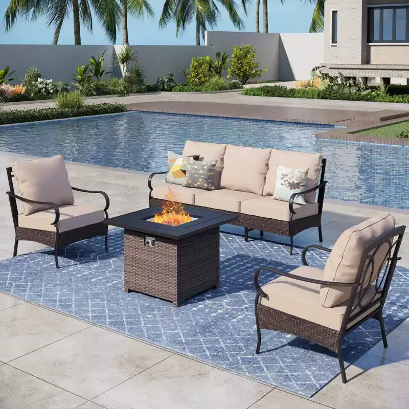 Captiva Designs 4pc Extra Large Metal and Rattan Outdoor Patio Fire Pit Set with Armchairs