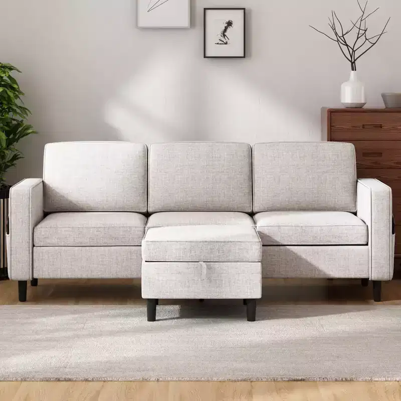 Mjkone Convertible Sectional Sofa Couch, Linen Fabric 3-Seat L-Shaped Sofa with Storage Ottoman