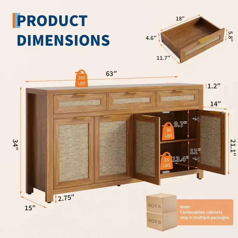 63in Sideboard Buffet Cabinet with Storage, Rattan Farmhouse Credenza Coffee Bar with 3 Drawers 4 Doors Adjustable Shelves for Dining Room Kitchen