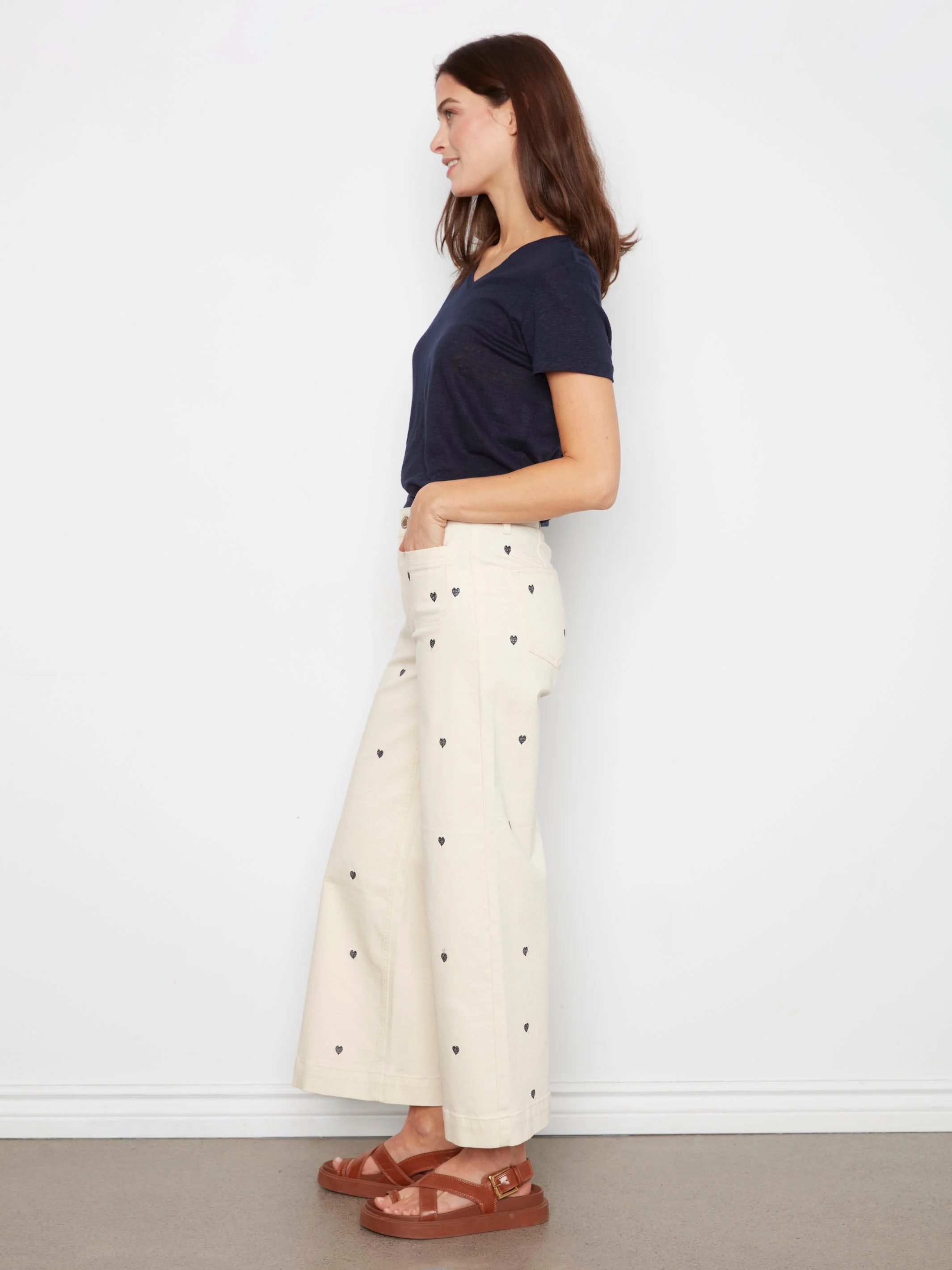 Embroidered Cropped Patch Pocket Flare Twill Pants - Natural