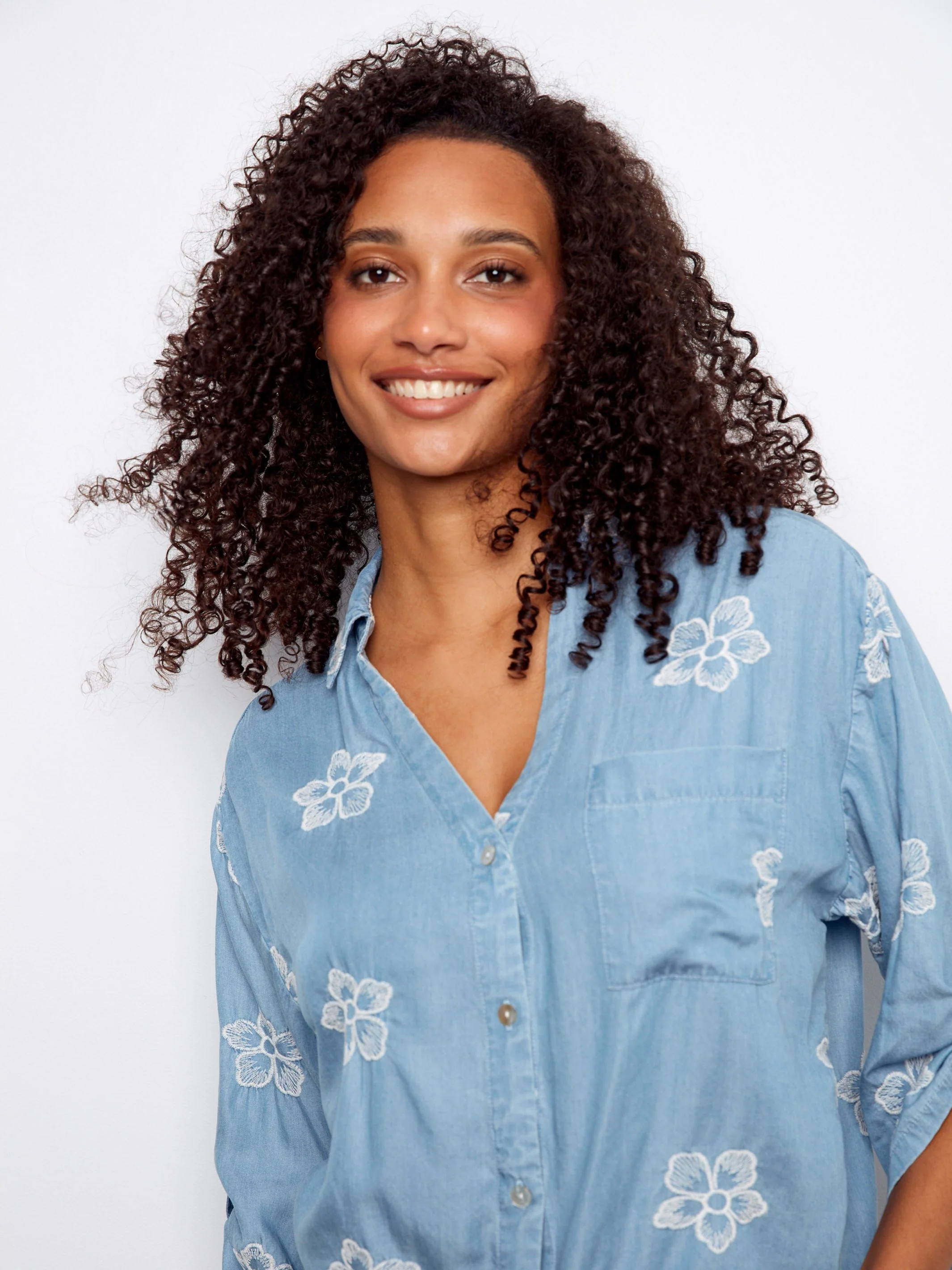 Embroidered Soft Fabric Blouse With Front Tie - Light Blue