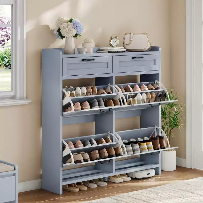 Shoe Storage Cabinet With 4 Flip Drawers, Freestanding Hidden Shoe Organizer with Adjustable Shelves, Wooden Shoe Rack Cabinet For Living Room, White