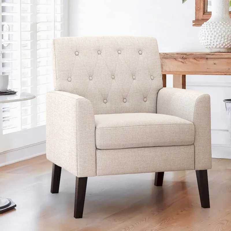Mid-Century Modern Linen Accent Chair with Button Tufted Back
