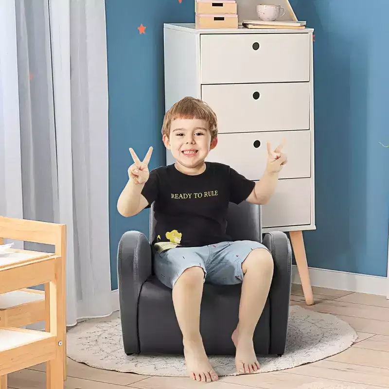 Qaba Kids Sofa Rocking Chair with Side Pocket, PU Leather Toddler Armchair for Children gray