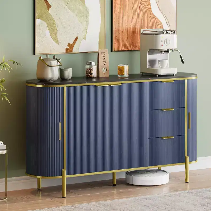 60 Sideboard Cabinet, Oval Buffet Table with Curved Sliding Doors, Drawers and Adjustable Shelf, Coffee Bar for Dining Living Room