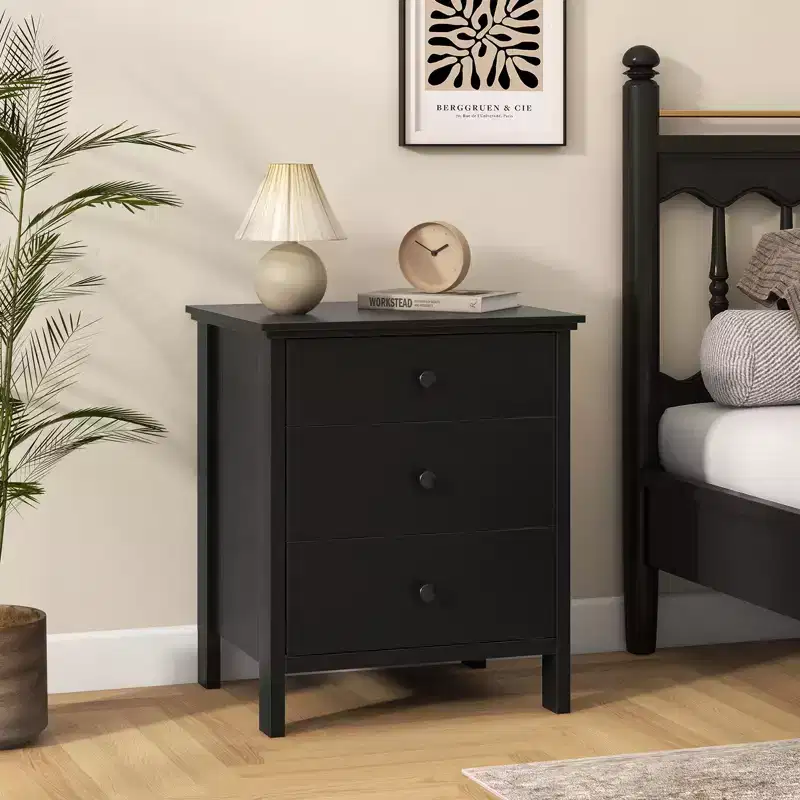 Costway Nightstand Beside End Side Table Accent Table Organizer W/3 Drawers Black