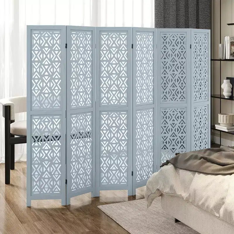 6-Panel Wooden Room Divider with Carved Cutout Pattern & Solid Wood Frame