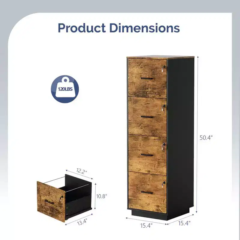 Karl Home15 Inch Embossed 4 Drawer Wooden Filing Cabinet