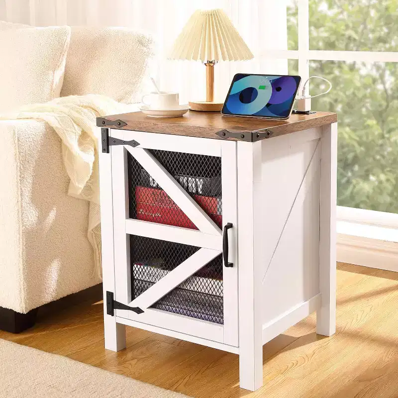 Farmhouse End Table with Charging Station, 18'' Rustic Nightstand with Barn Door and Adjustable Storage Shelf, Wooden Sofa Side Table with Storage