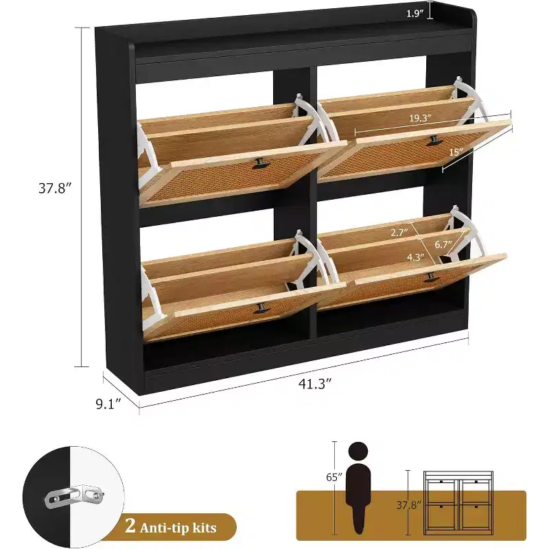 Shoe Cabinet Rattan with 4 Flip Drawers, Wooden Freestanding Shoe Organizer with Adjustable Shelves, Shoe Storage for Entryway, Closet