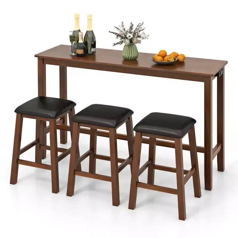 Costway 4-Piece Bar Table Set w/ Power Outlet Counter-Height Table & 3 Bar Stools