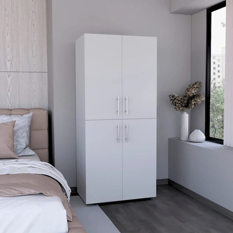 31.5  Modern Four-door Armoire with Six Shelves and Two Hanging Rods for Bedroom