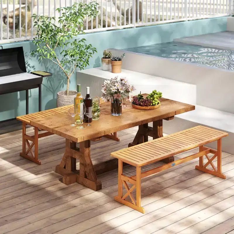 Costway 2 PCS 51 Inches Acacia Wood Outdoor Bench w/ Slatted Seat & X-Shaped Frame