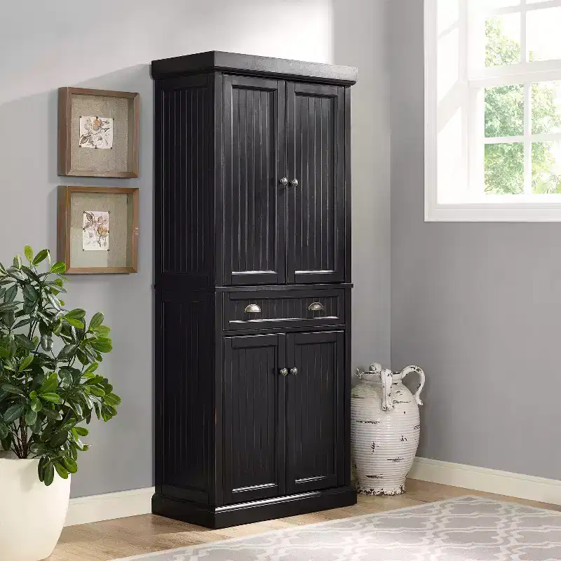 Crosley Seaside Kitchen Pantry Distressed Black: Traditional Style, 4-Door Hutch, 6 Shelves, Wood Veneer